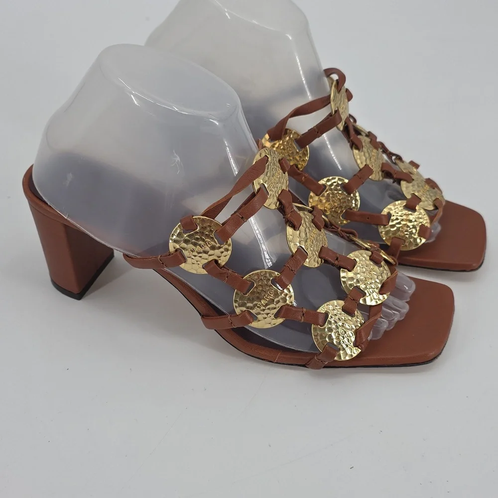 STAUD Pucky Brown And Gold Heeled Sandals Size 38